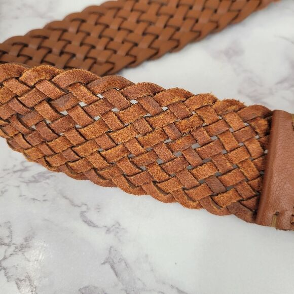 Vintage Brown Woven Belt with Gold Oval Buckle with Navy Blue Faux Stone main image 4